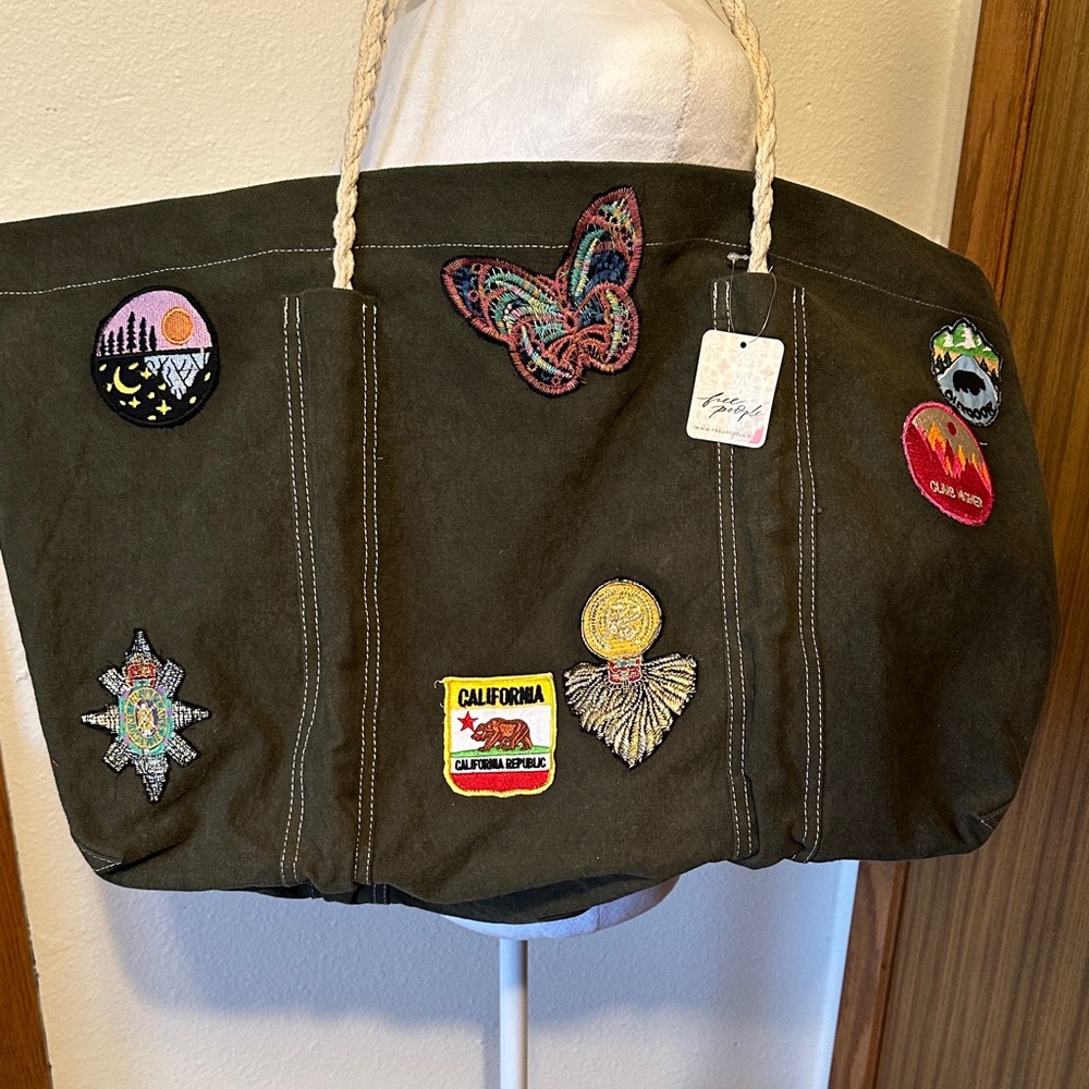 Free People Dark Olive Tote with Colorful Patches